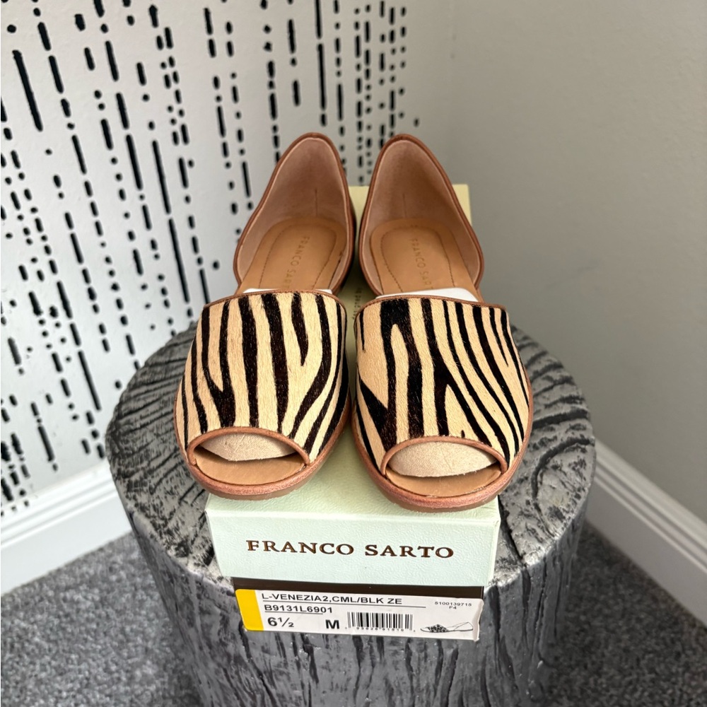 Franco Sarto Zebra Stripe Peep Toe Sandals - Tan and Black
